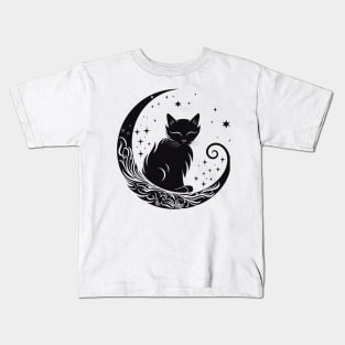 Cat Under Moon Sky Furry Cute Vector Graphic Kids T-Shirt
